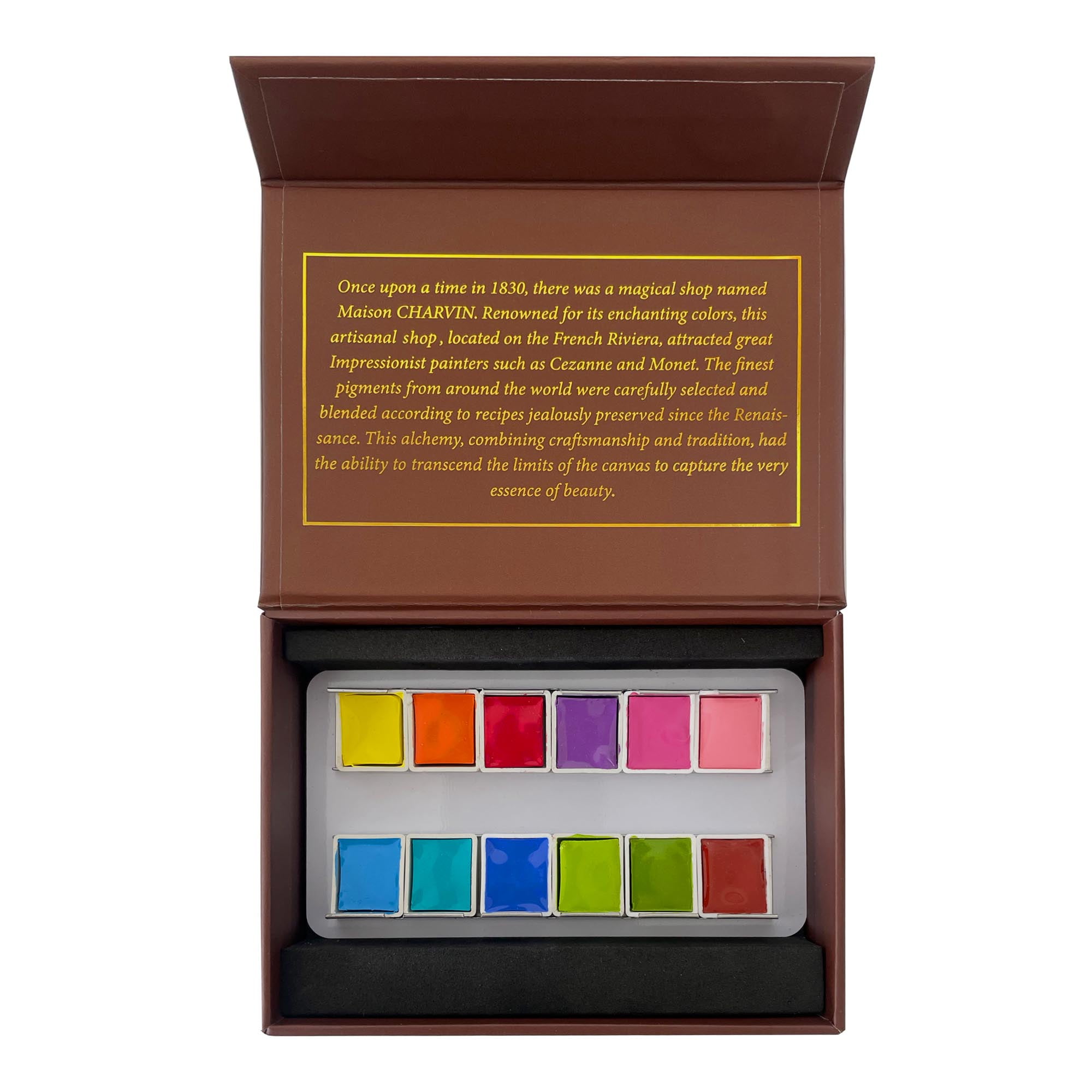 Charvin Extra-Fine Watercolor Pan Set, Intense  - Handmade Box Set of 12 Half-Pans - Professional Watercolor Paint Set, Made in France, Smooth Shellac-Like Finish, Glossy & Highly Transparent Pigment