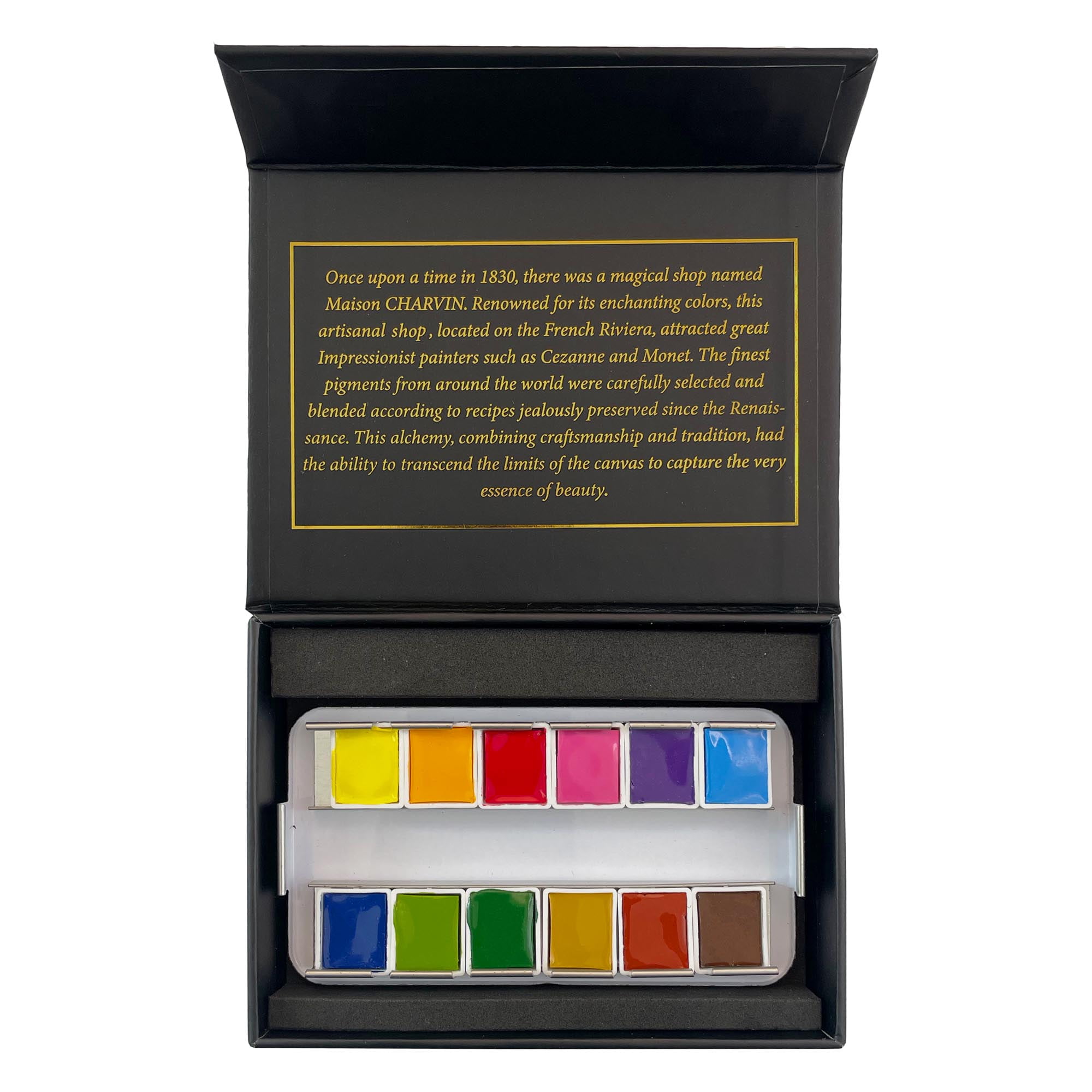 Charvin Extra-Fine Watercolor Pan Set, Primary  - Handmade Box Set of 12 Half-Pans - Professional Watercolor Paint Set, Made in France, Smooth Shellac-Like Finish, Glossy & Highly Transparent Pigment