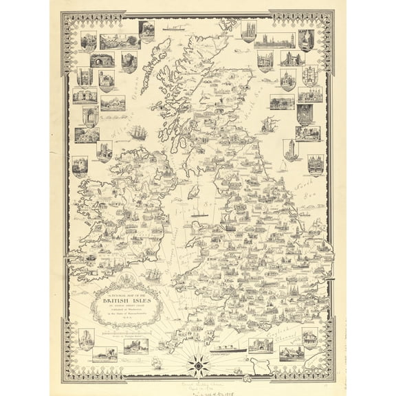 Chase 1935 Pictorial Map British Isles Buildings Extra Large Art Print Wall Mural Poster Premium XL
