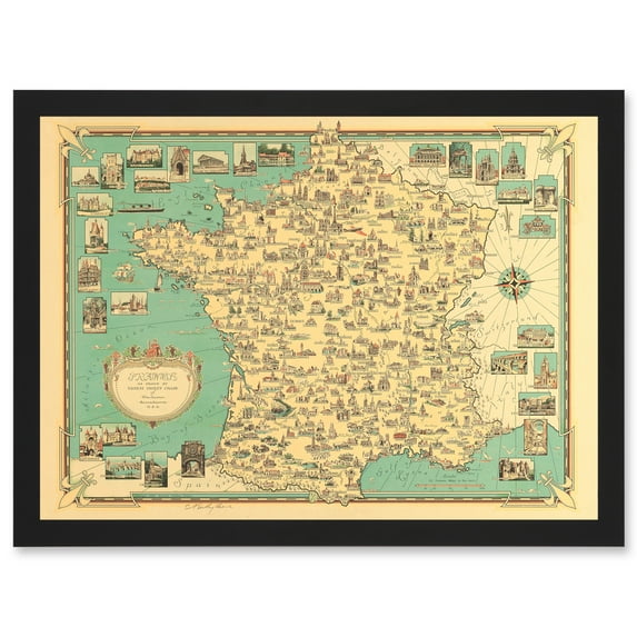 Chase 1935 Pictorial Map France Historic Monuments Buildings Artwork Framed Wall Art Print A4