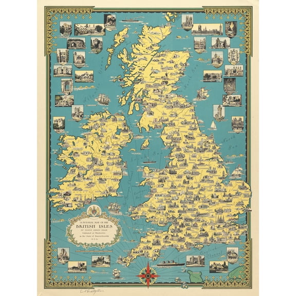 Chase 1939 Pictorial Map British Isles Buildings Extra Large Art Print Wall Mural Poster Premium XL