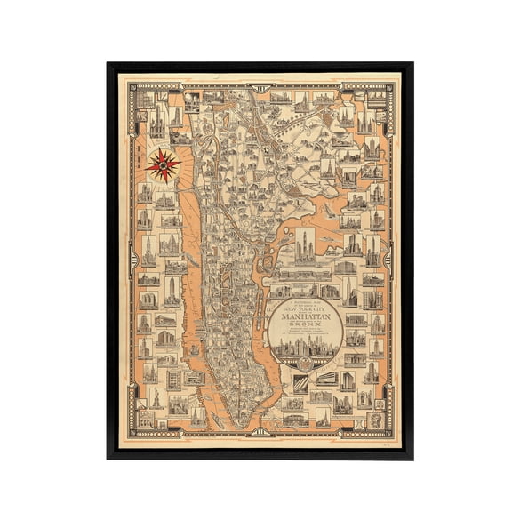 Chase 1939 Pictorial Map Manhattan And Bronx Black Framed Canvas Wall Art 18X24"