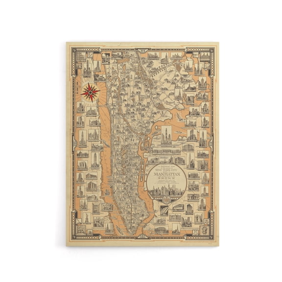 Chase 1939 Pictorial Map Manhattan And Bronx Canvas Wall Art Print 12X16"