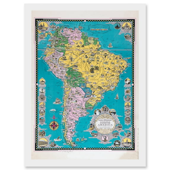Chase 1942 Pictorial Map South America Historic Monuments Buildings Artwork Framed Wall Art Print A4