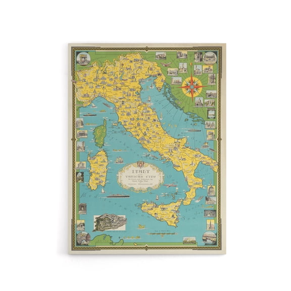 Chase 1944 Pictorial Map Italy Vatican City Canvas Wall Art Print 24X32"