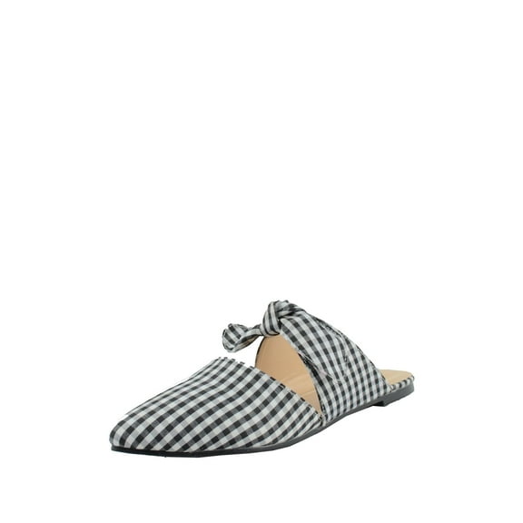 Chase & Chloe Fione Black White Plaid Pointed Knotted Slip On Flats Mules Slides (Black White, 7)