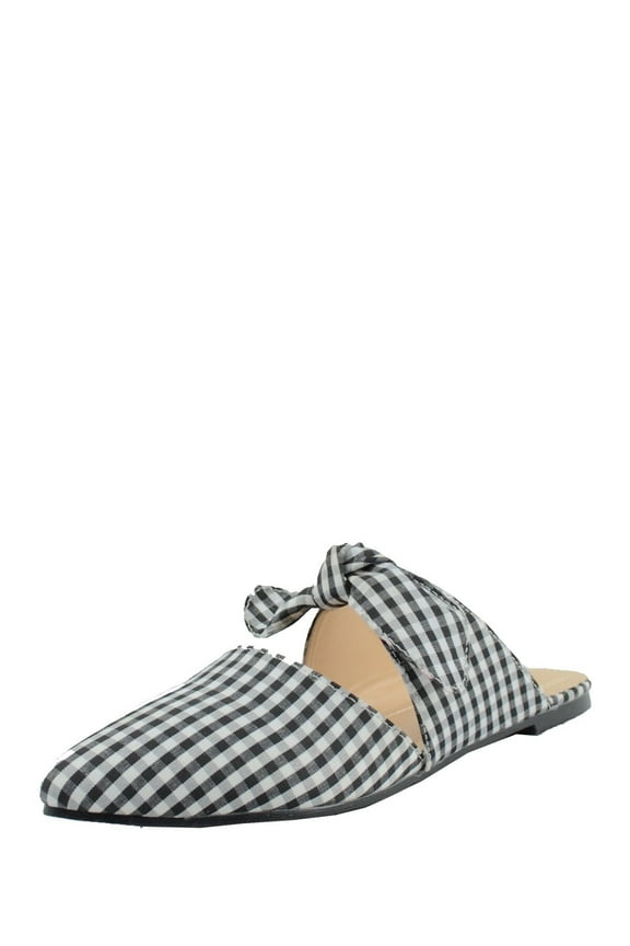 Fione Black White Plaid Pointed Knotted Slip On Flats Mules Slides (Black White, 7)
