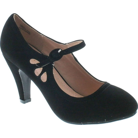 Chase & Chloe Kimmy-21 Women's Round Toe Pierced Mid Heel Mary Jane Style Dress Pumps, Black Nubuck, 9
