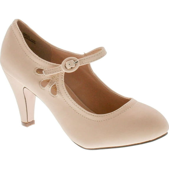 Chase & Chloe Kimmy-21 Women's Round Toe Pierced Mid Heel Mary Jane Style Dress Pumps, Nude Nubuck, 9