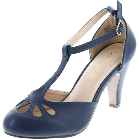 Chase & Chloe Kimmy-36 Women's Teardrop Cut Out T-Strap Mid Heel Dress Pumps