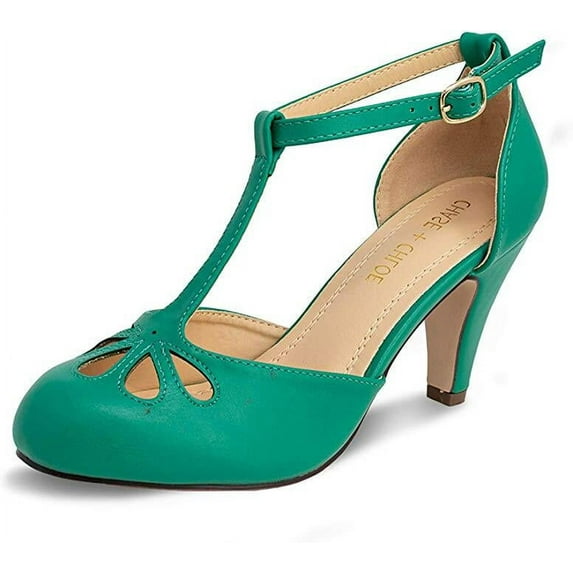 Chase & Chloe Kimmy-36 Women's Teardrop T-Strap Mid Heel Pumps, Dark Green (Dark Green, 6.5)