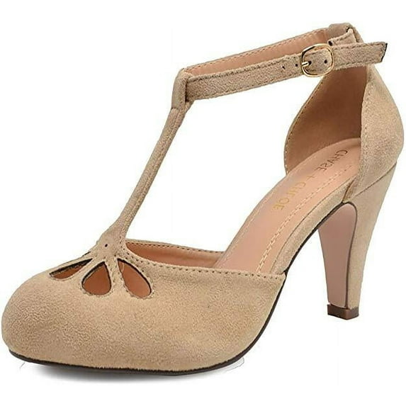 Chase & Chloe Kimmy-36 Women's Teardrop T-Strap Mid Heel Pumps, Nude Suede (Nude Suede, 5.5)