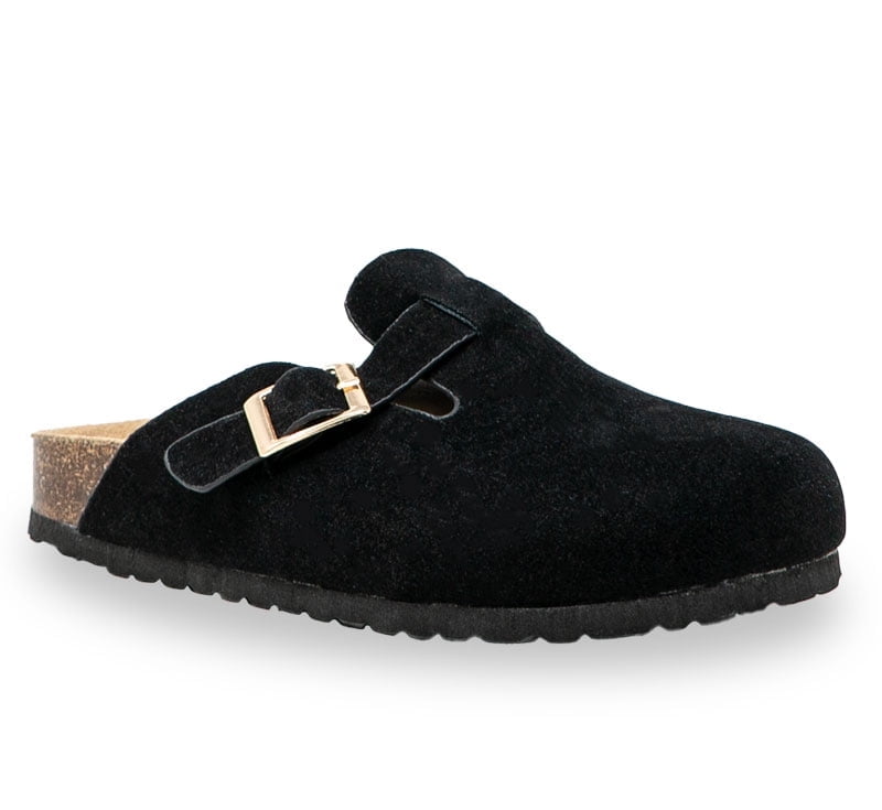 Women's Suede Clogs With Adjustable Buckle - Super Comfy Cork Footbed & Arch Support