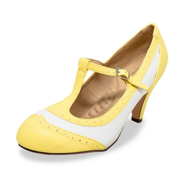 Chase & Chloe Women's Mary Jane Oxford Pumps - Cute Low Kitten Heels - Retro Round Toe Shoe with Ankle Strap