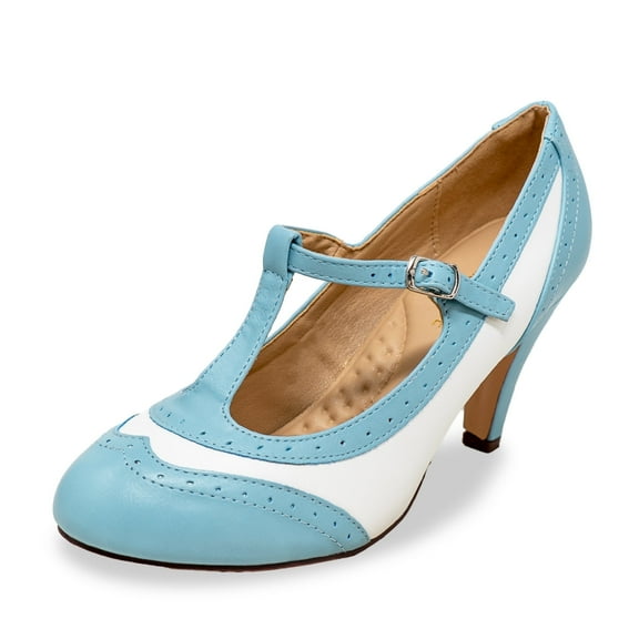 Chase & Chloe Women's Mary Jane Oxford Pumps - Cute Low Kitten Heels - Retro Round Toe Shoe with Ankle Strap