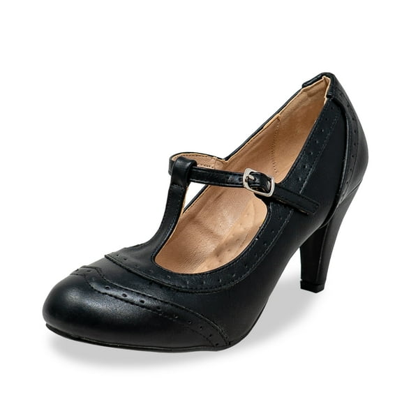 Chase & Chloe Women's Mary Jane Oxford Pumps - Cute Low Kitten Heels - Retro Round Toe Shoe with Ankle Strap