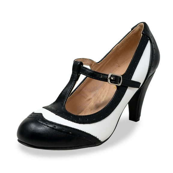 Chase & Chloe Women's Mary Jane Oxford Pumps - Cute Low Kitten Heels - Retro Round Toe Shoe with Ankle Strap