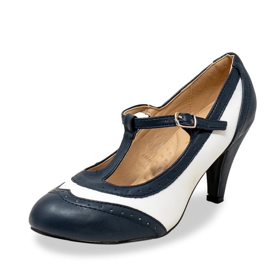 Chase & Chloe Women's Mary Jane Oxford Pumps - Cute Low Kitten Heels - Retro Round Toe Shoe with Ankle Strap