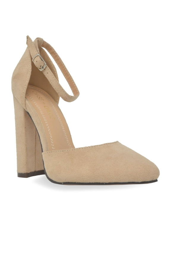 Women's Nude Block Heel Ankle Strap Pumps, Closed-Toe Faux Suede Dress Shoes