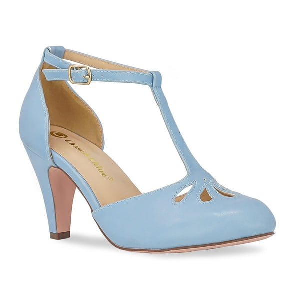 Chase & Chloe Women's Pepper Mary Janes - Vintage Cutout Low Kitten Heels Retro T Strap Pumps