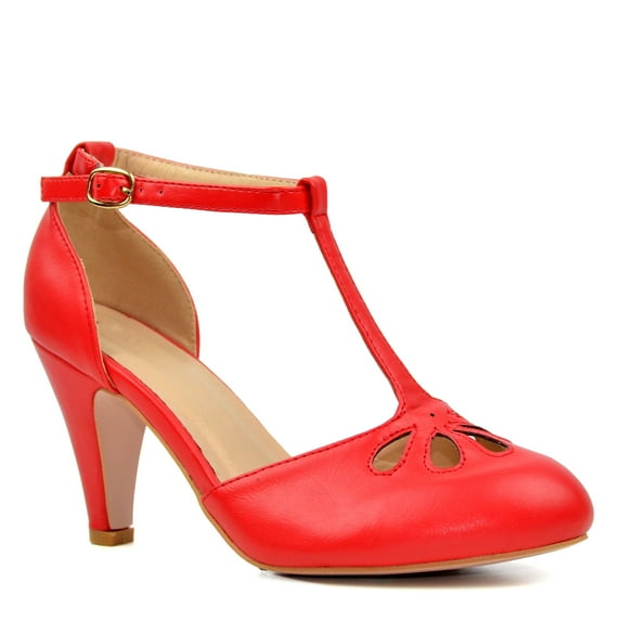 Chase & Chloe Women's Pepper Mary Janes - Vintage Cutout Low Kitten Heels Retro T Strap Pumps