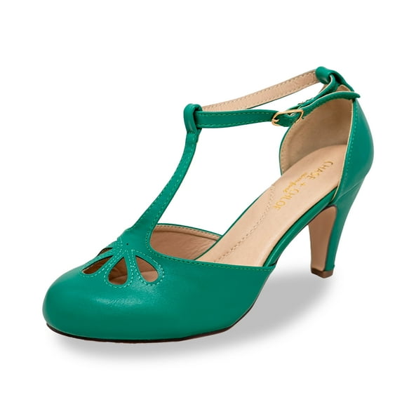 Chase & Chloe Women's Pepper Mary Janes - Vintage Cutout Low Kitten Heels Retro T Strap Pumps