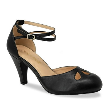 Chase & Chloe Women's T-Strap Mid-Heel Pumps with Adjustable Double Straps