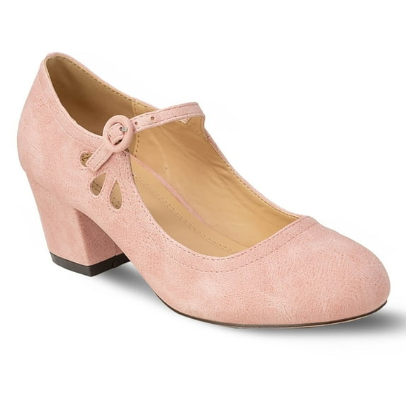 Chase & Chloe Women's Vintage-Inspired Chunky Heel Mary Jane Pumps with Adjustable Strap