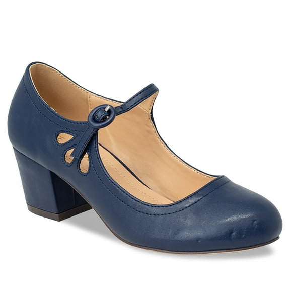 Chase & Chloe Women's Vintage-Inspired Chunky Heel Mary Jane Pumps with Adjustable Strap