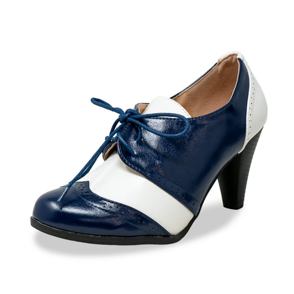 Chase & Chloe Women's Vintage-Inspired Lace-Up Oxford Pumps with Wingtip Design and Mid-Heel