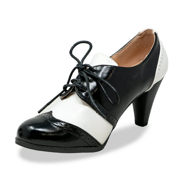 Chase & Chloe Women's Vintage-Inspired Lace-Up Oxford Pumps with Wingtip Design and Mid-Heel