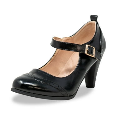 Chase & Chloe Women's Vintage-Inspired Mary Jane Pumps with Wingtip and Mid-Heel