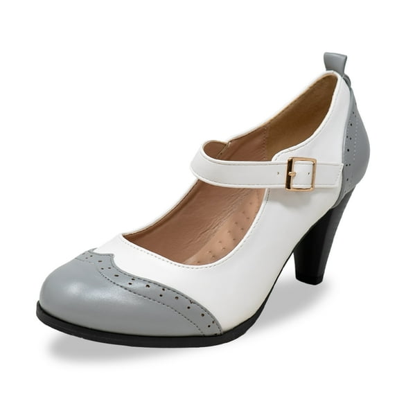 Chase & Chloe Women's Vintage-Inspired Mary Jane Pumps with Wingtip and Mid-Heel
