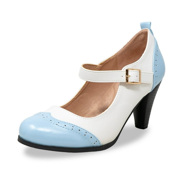 Chase & Chloe Women's Vintage-Inspired Mary Jane Pumps with Wingtip and Mid-Heel