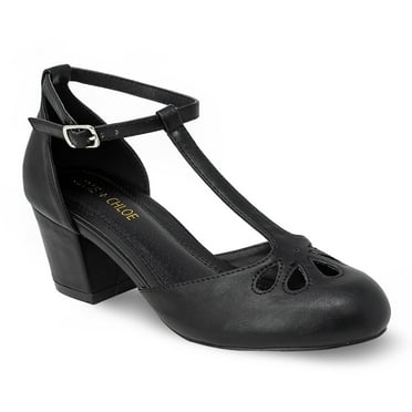 Chase & Chloe Women's Vintage-Inspired T-Strap Chunky Heel Mary Jane Pumps with Cutout Detail
