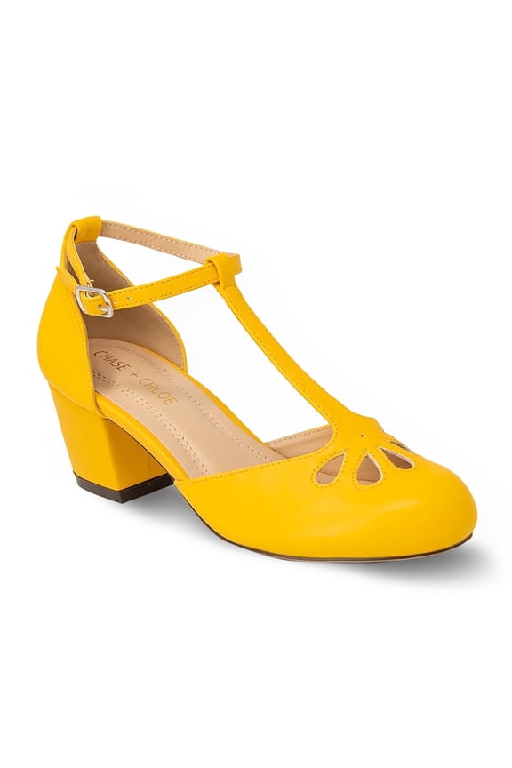 Women's Vintage-Inspired T-Strap Chunky Heel Mary Jane Pumps with Cutout Detail