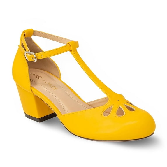 Chase & Chloe Women's Vintage-Inspired T-Strap Chunky Heel Mary Jane Pumps with Cutout Detail