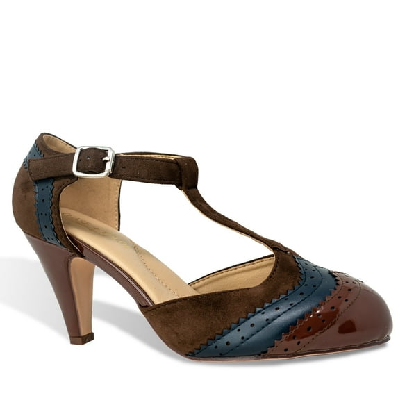 Chase & Chloe Women's Vintage-Inspired T-Strap Heels with Two-Tone Wingtip Detailing