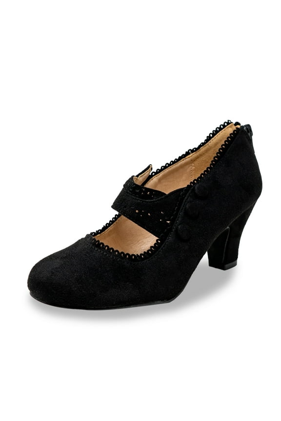 Women's Vintage Mary Jane Low Heel Pumps - Classic Scalloped Edge Dress Shoes with Button Detail