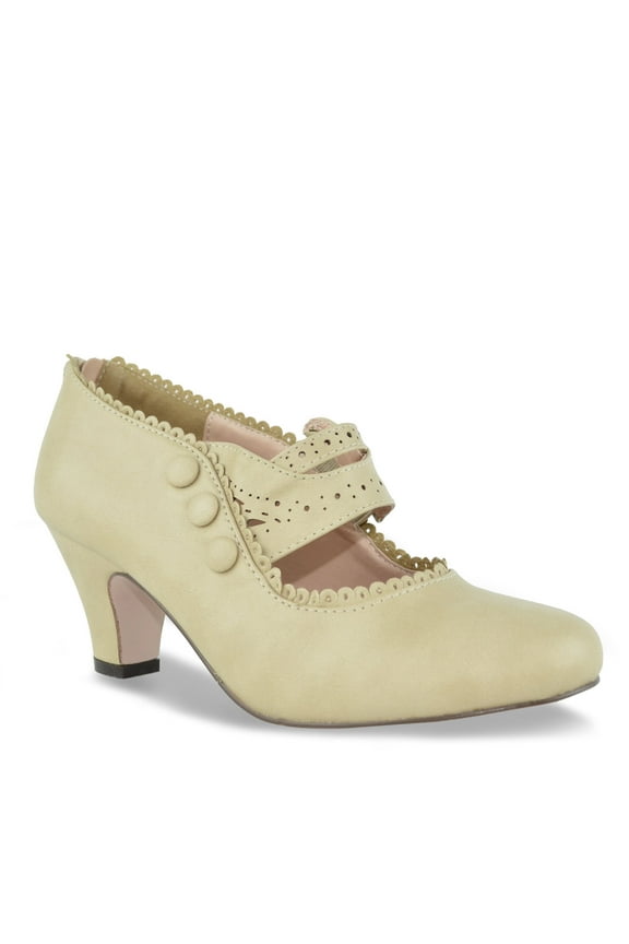 Women's Vintage Mary Jane Low Heel Pumps - Classic Scalloped Edge Dress Shoes with Button Detail