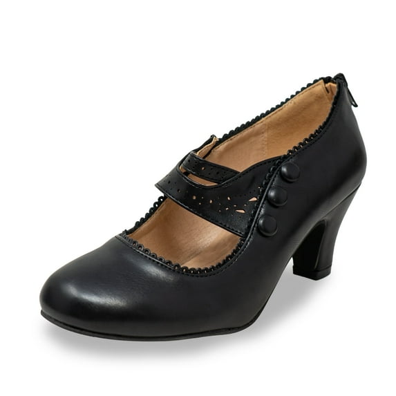 Chase & Chloe Women's Vintage Mary Jane Low Heel Pumps - Classic Scalloped Edge Dress Shoes with Button Detail