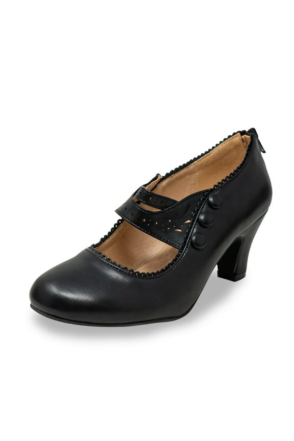 Women's Vintage Mary Jane Low Heel Pumps - Classic Scalloped Edge Dress Shoes with Button Detail