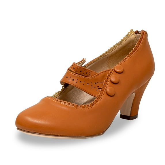 Chase & Chloe Women's Vintage Mary Jane Low Heel Pumps - Classic Scalloped Edge Dress Shoes with Button Detail