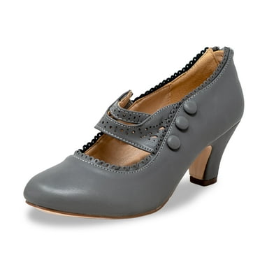 Chase & Chloe Women's Vintage Mary Jane Low Heel Pumps - Classic Scalloped Edge Dress Shoes with Button Detail