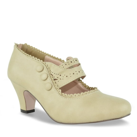 Chase & Chloe Women's Vintage Mary Jane Low Heel Pumps - Classic Scalloped Edge Dress Shoes with Button Detail