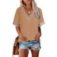 thumbnail image 1 of Chase Secret Tops for Women Lace Trim V Neck Short Sleeve Blouses Hollow Out Dressy Casual Shirts Apricot, 1 of 8