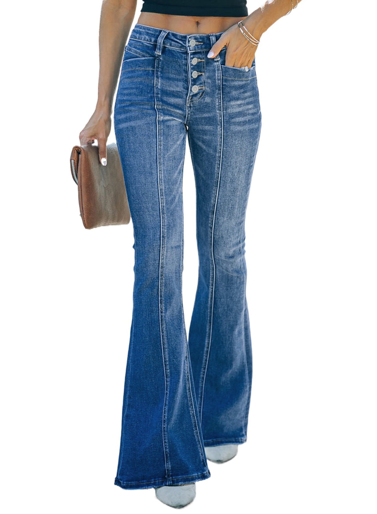 Women's High-Rise Stretchy Flare Jeans - Vintage Washed Denim With Button Fly & Elastic Waist