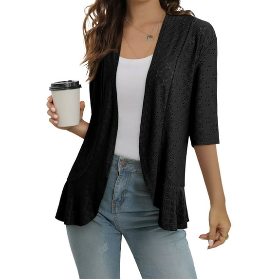 Chase Secret Cardigan for Women Summer Short Sleeve Netted Knit Ruffle Open Front Kimono Cover Ups Black