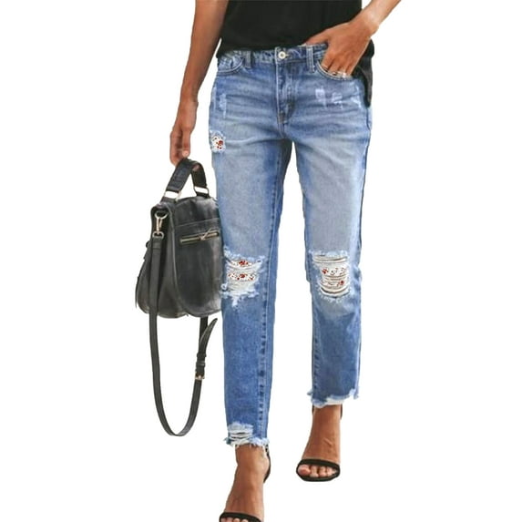 Chase Secret Jeans for Women Patch Ripped High Rise Distressed Jeans Hole Denim Pants