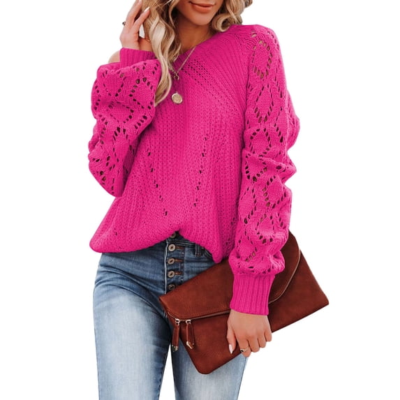 Chase Secret Knit Sweaters for Women Casual Long Sleeve Crew Neck Crochet Pullover Sweater Loose Lightweight Jumper Tops